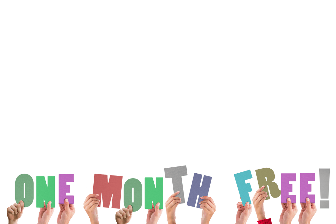 Hands Holding Colorful Letters Offering One Month Free in Transparent Background