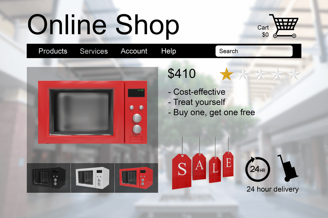 Transparent Online Microwave Store Web Page Layout with Red Highlight