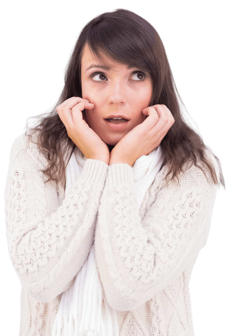 Surprised Brunette Woman with Hands on Face Transparent Background