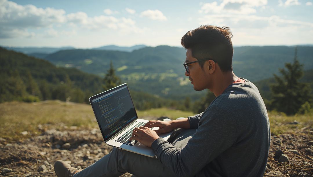 Remote Developer Coding on Laptop in Mountain Valley, Outdoor Workspace and Freedom