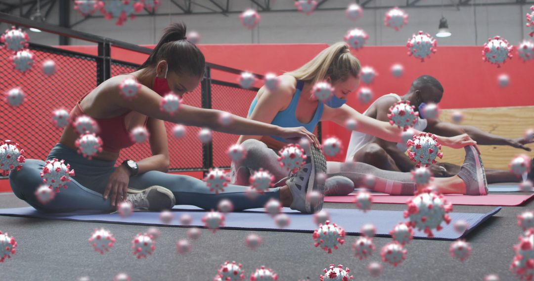 Fitness Group Stretching at Gym Amid Floating Virus Symbols