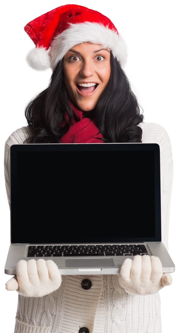 Woman in Christmas Hat Holding Transparent Laptop Screen with Excited Expression - Download Free Stock Images Pikwizard.com