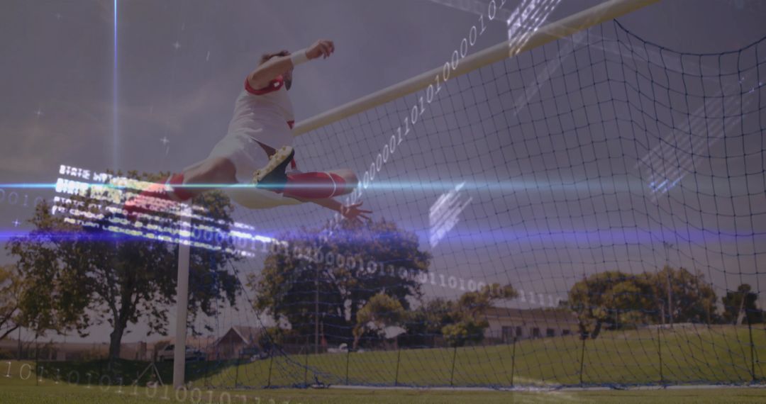 Male Soccer Player Jumping Over Crossbar Midair with Binary Data and Lens Flare