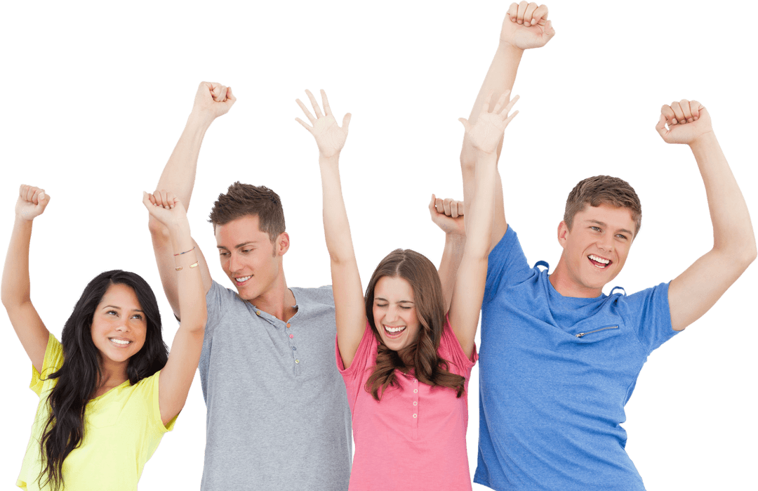 Group of Friends Celebrating with Raised Hands Transparent Background