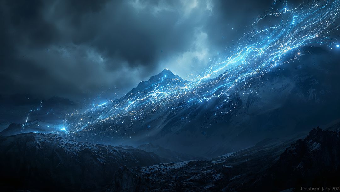 Glowing Energy Stream Over Mountain Ridge at Night