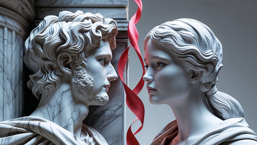 Classical Marble Busts with Red Ribbon Symbolizing Timeless Elegance