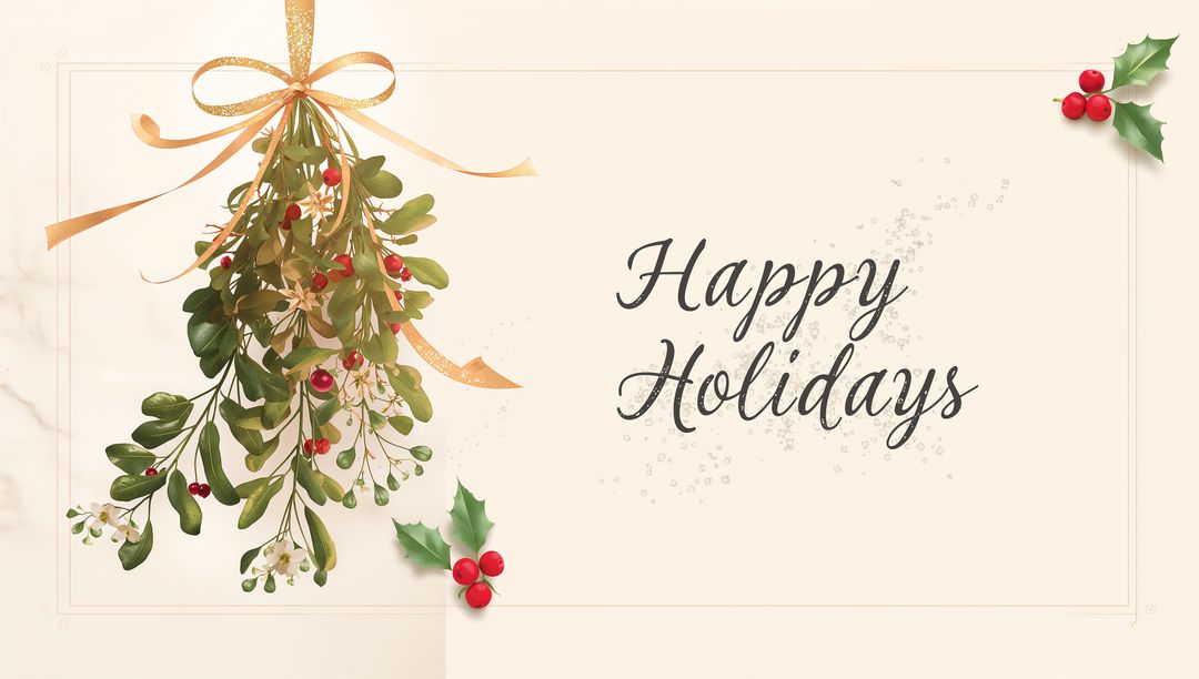 Elegant Mistletoe and Gold Ribbon Holiday Greeting Card with Red Berries and Blank Space