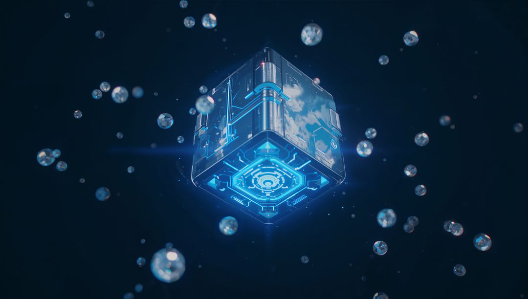 Futuristic Neon-Glow Technology Cube in Abstract Space