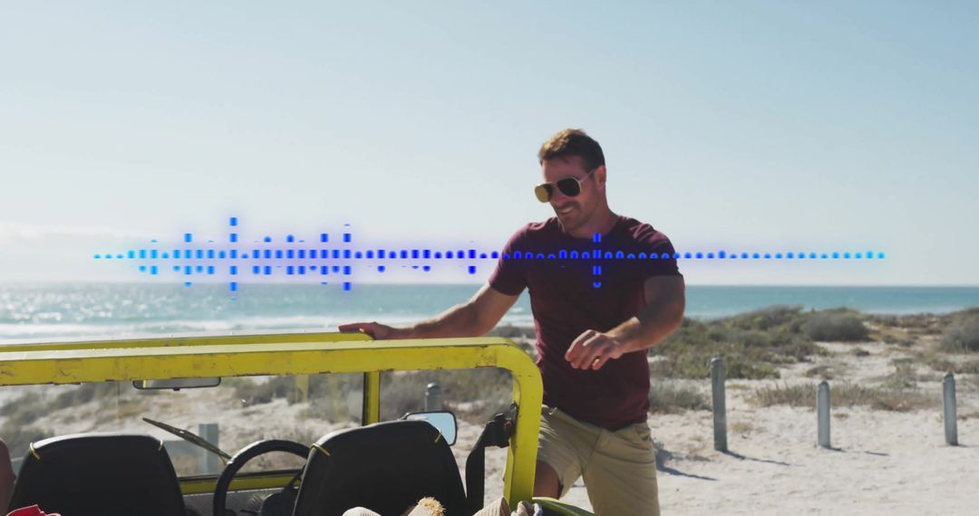 Adventurous Man with Jeep Exploring Scenic Beachfront