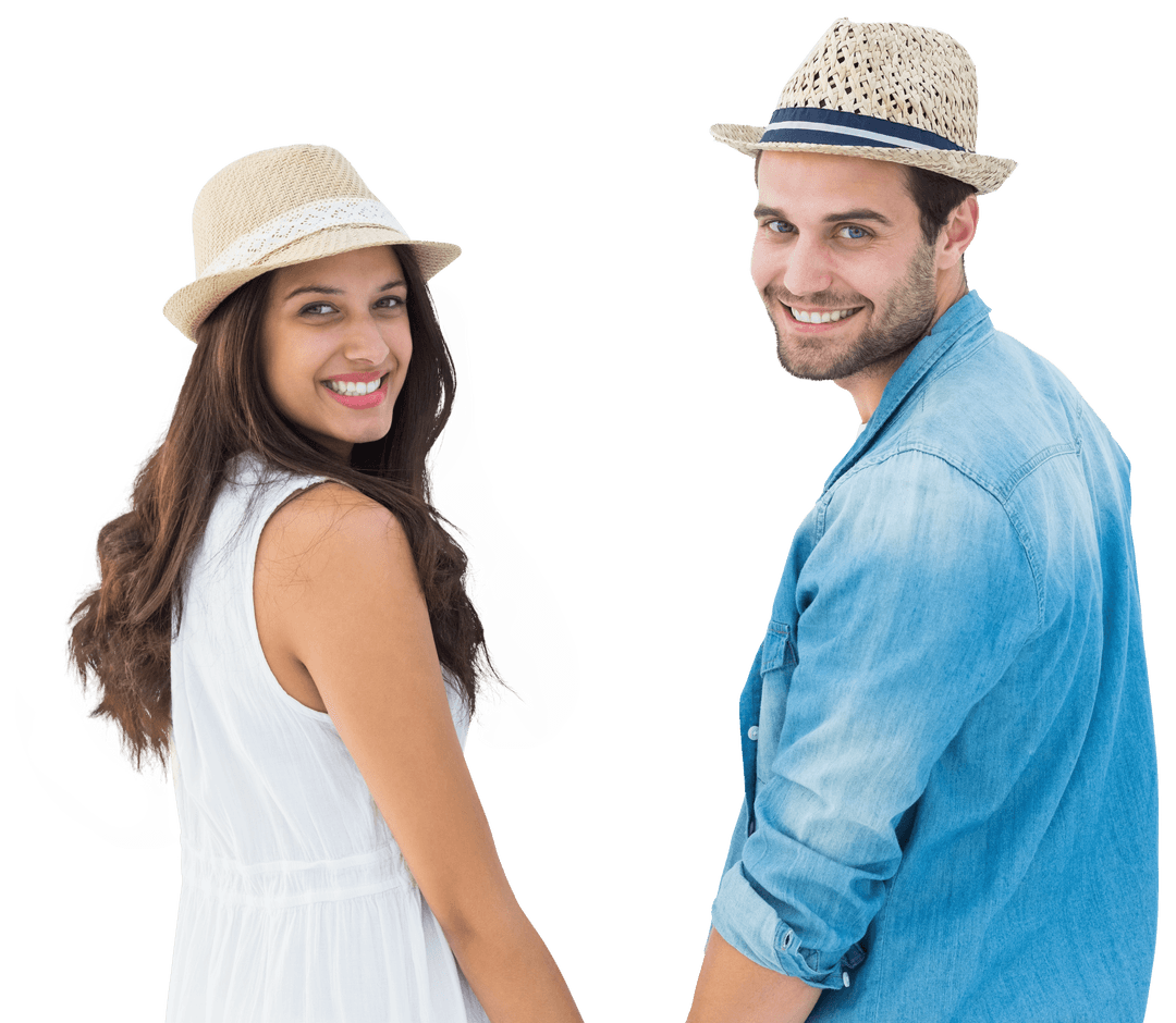 Couple in Straw Hats Glancing Back on Transparent Background