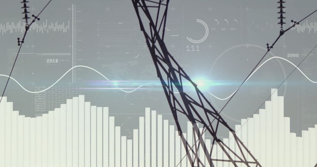 Steel Transmission Tower with Data Overlays on Gradient Sky