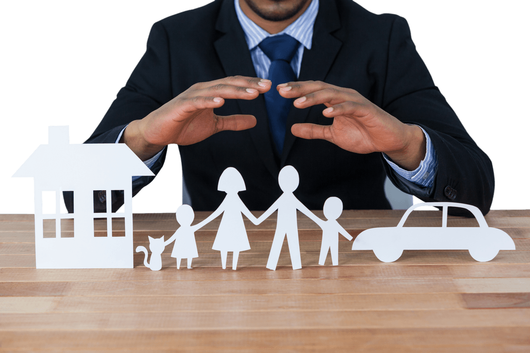 Transparent Paper Family Protected by Businessman's Hands