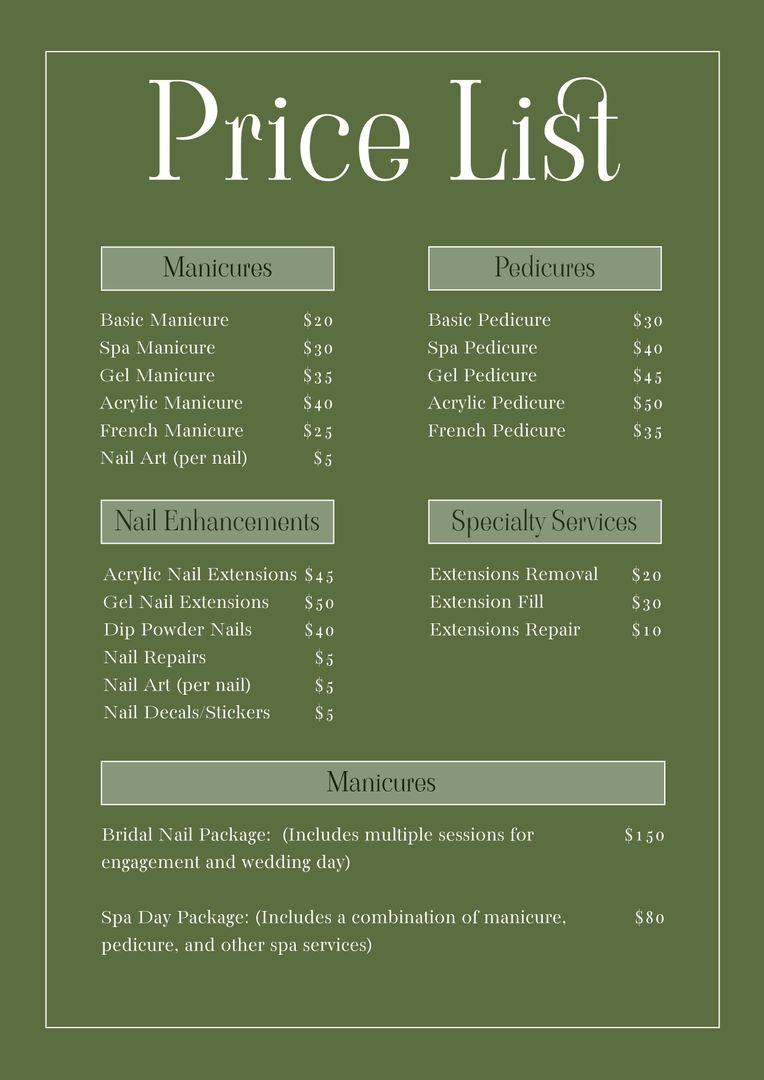 Elegant Spa and Salon Services Price List on Green Background - Download Free Stock Templates Pikwizard.com
