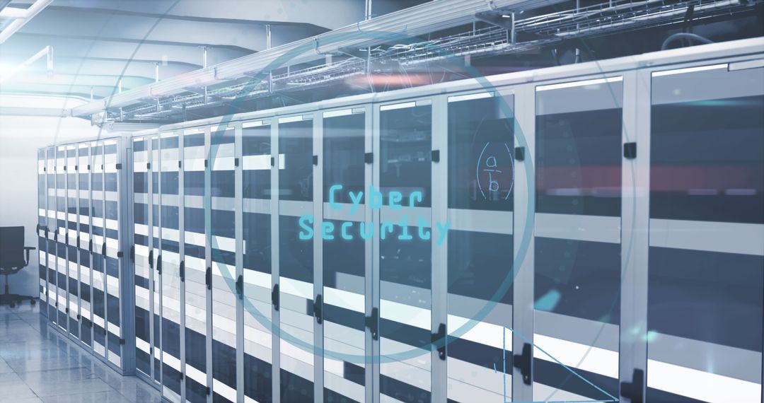 Futuristic Data Center with Cybersecurity Graphics