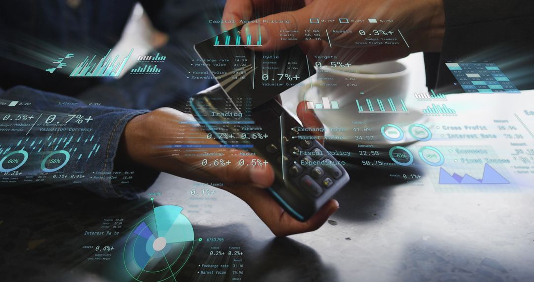 Caucasian Businessman Uses Card for Digital Payment with Financial Data Display