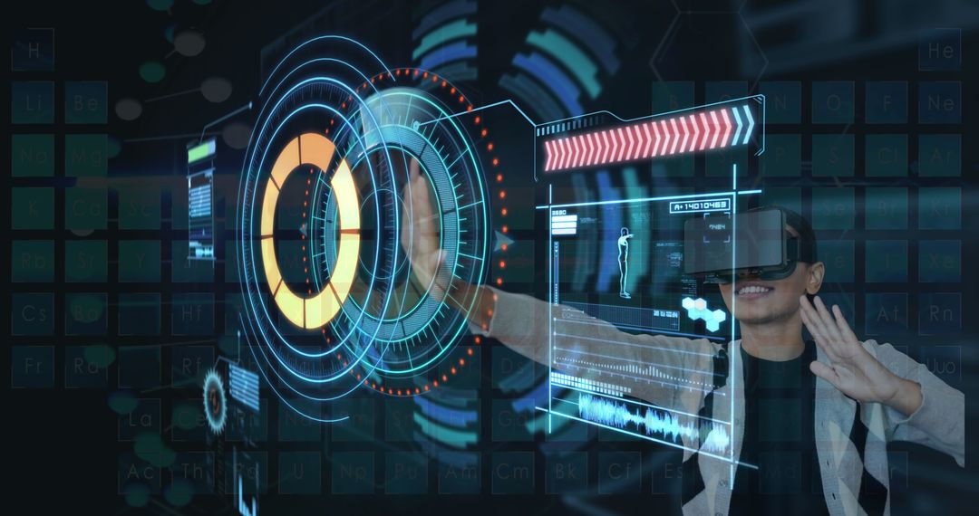 Person Engages with Futuristic Digital Interface Using VR