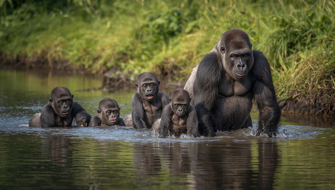 Wading gorilla matriarch leading four juveniles through shallow river at sunrise
