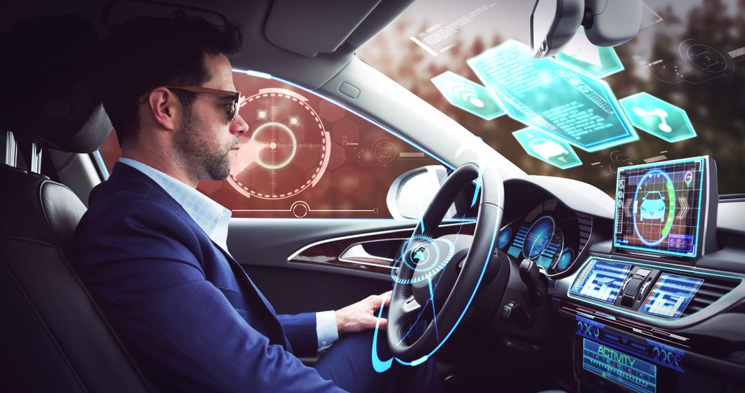Businessman Experiencing Futuristic Self-Driving Car Interface