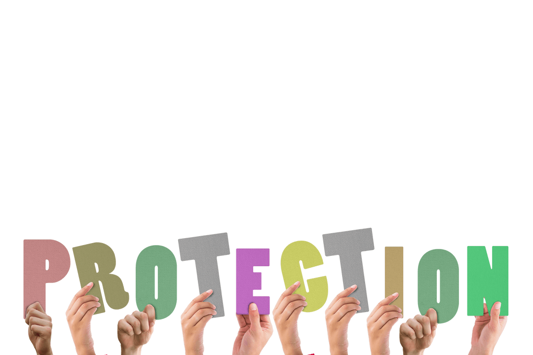Hands Holding Colorful 'Protection' Text Transparent Background