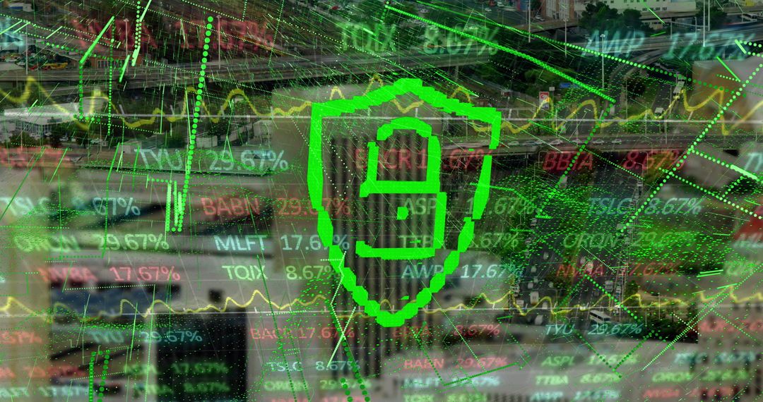 Cybersecurity Concept With Digital Shield and Stock Market Background