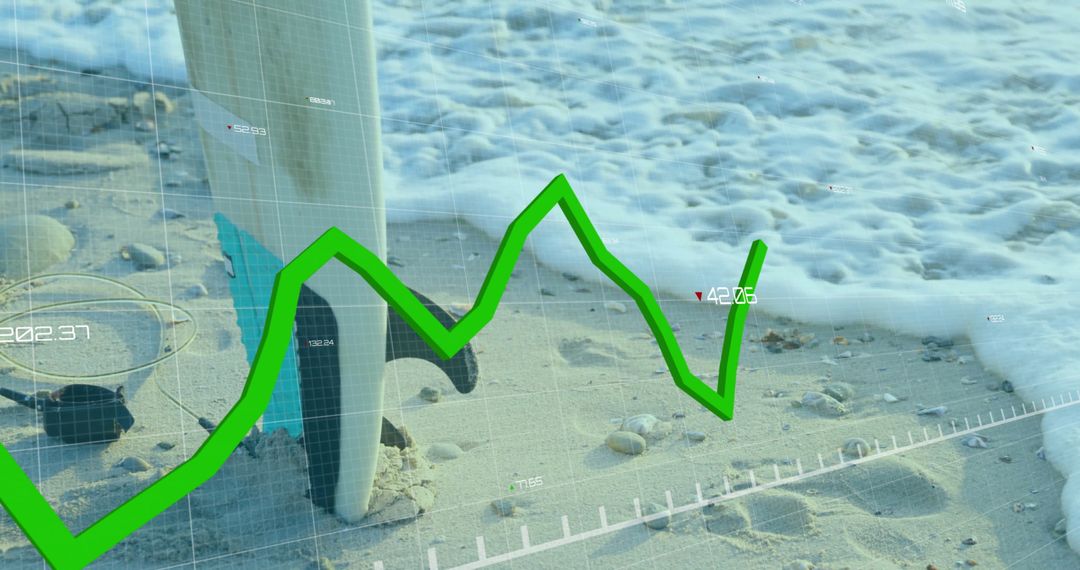Data Analytics Superimposed on Surfboard Beach Scene