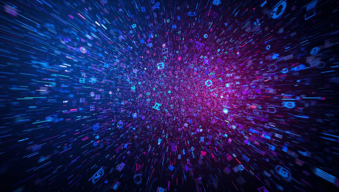 Neon Digital Data Burst Radiating Floating Icons, Letters and Particles in Cyberspace