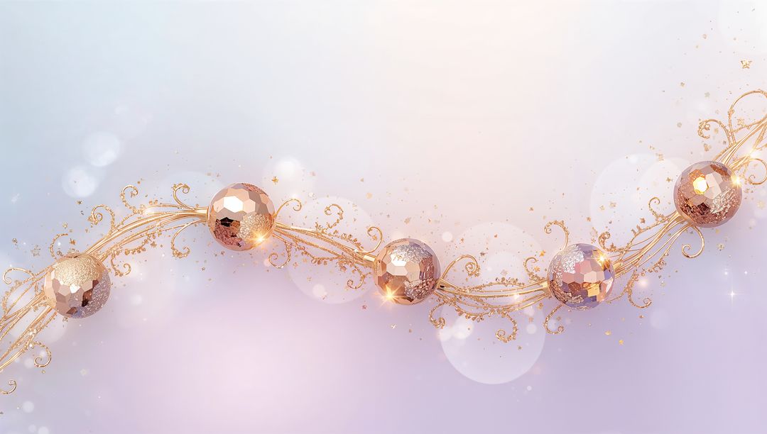 Shimmering rose-gold faceted orb garland with gold filigree and soft bokeh glow