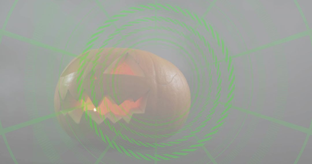 Glowing Jack-o'-Lantern Floating in Mist with Neon Green Spiral Overlay