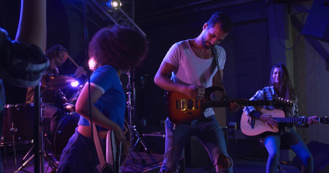 Diverse Musicians Rehearsing Together for Live Performance