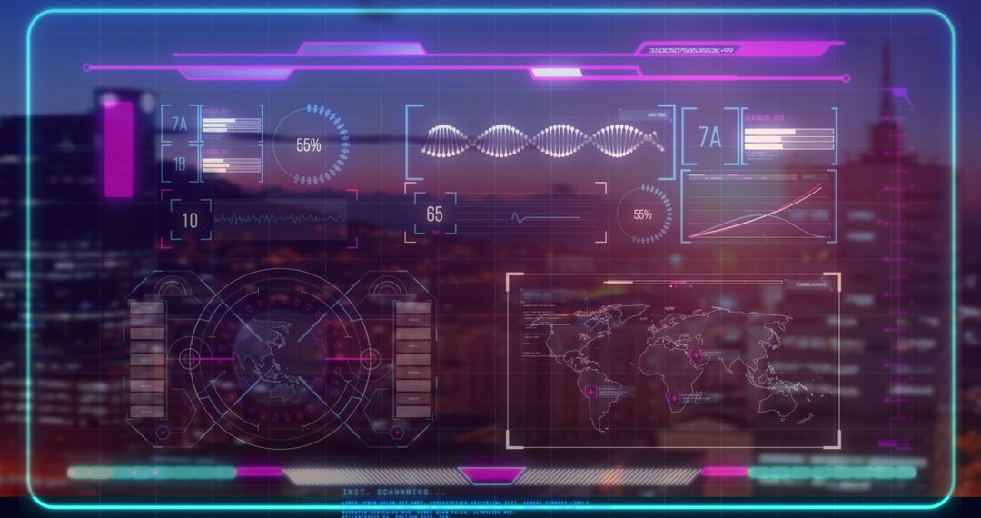 Futuristic Digital Interface Overlaid on Cityscape at Dusk