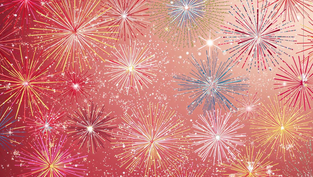 Bursting Firework Bursts on Pink-Red Gradient Scattering Sparkles and Flares