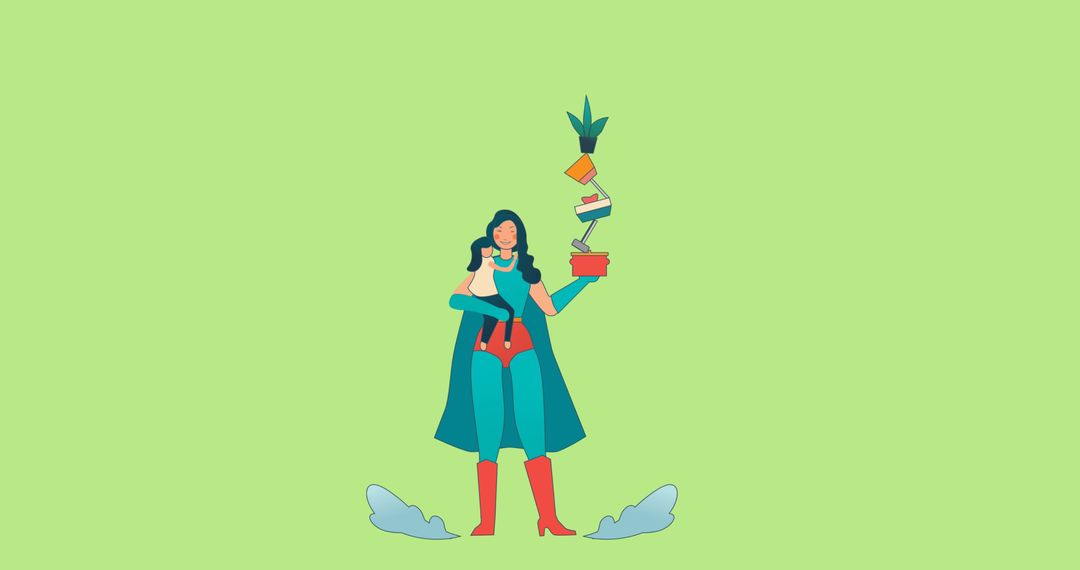 Superhero Mom Balancing Home and Nature, Retro Future Theme