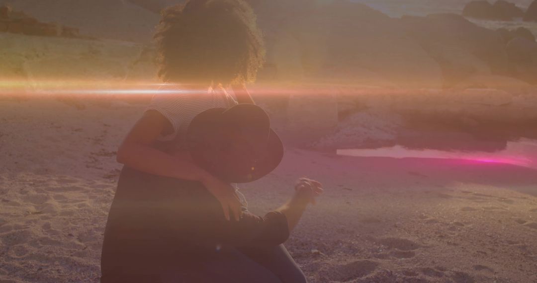Romantic Couple Embracing at Sunset Seaside