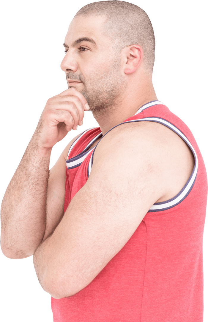 Thoughtful Caucasian Man in Pink Tank Top with Transparent Background