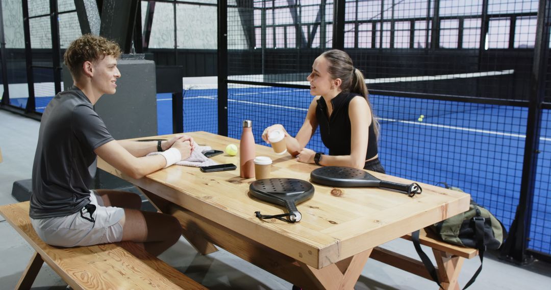 Friends Relaxing After Paddle Tennis Game on Wooden Bench