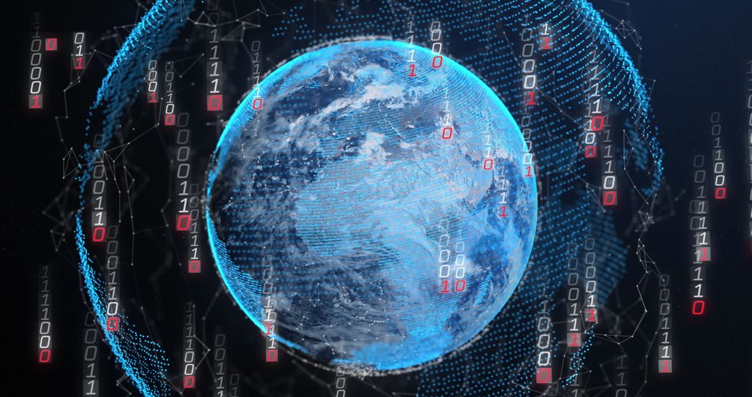Holographic Globe with Falling Binary Codes Illustrating Global Communication
