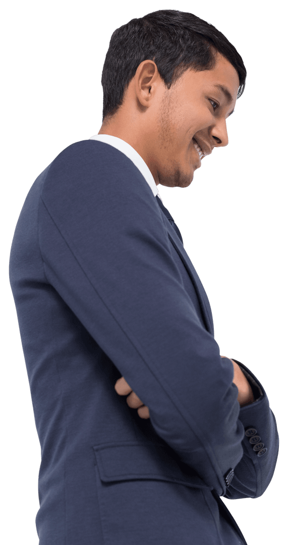 Transparent Asian Businessman Smiling Confidently with Arms Crossed