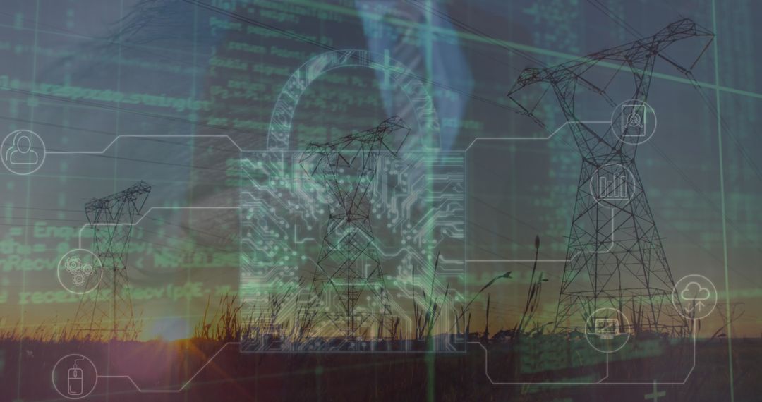 Energy Security Data Concept with Digital Padlock Over Power Lines