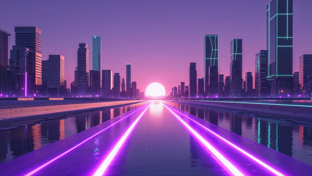 Futuristic City with Neon-lit Reflection and Glowing Sun