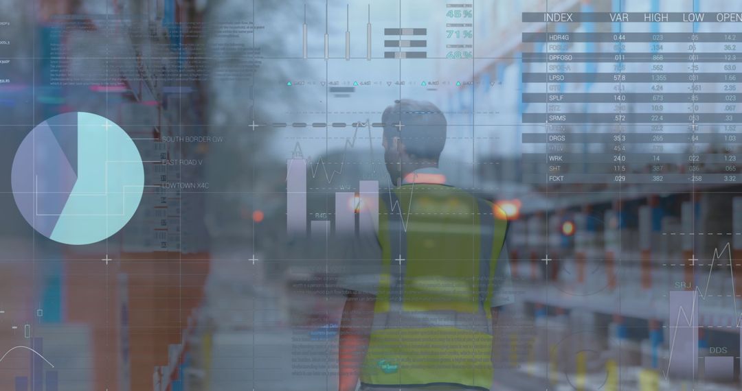 Financial Data Overlay on Warehouse Worker in Reflective Vest