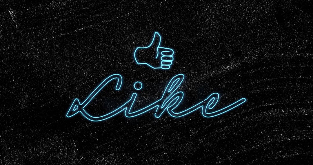 Cyan Neon Cursive Like Sign with Thumbs-Up Icon on Grungy Black Textured Background