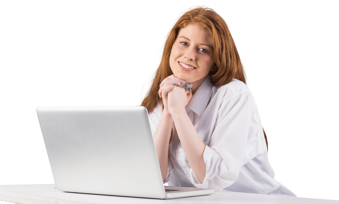 Smiling Redhead Woman Working on Laptop Transparent Background
