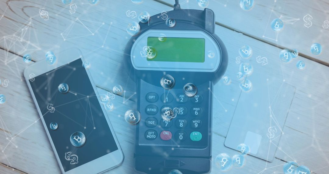 Bitcoin Icons on Smartphone and Payment Device Digitally