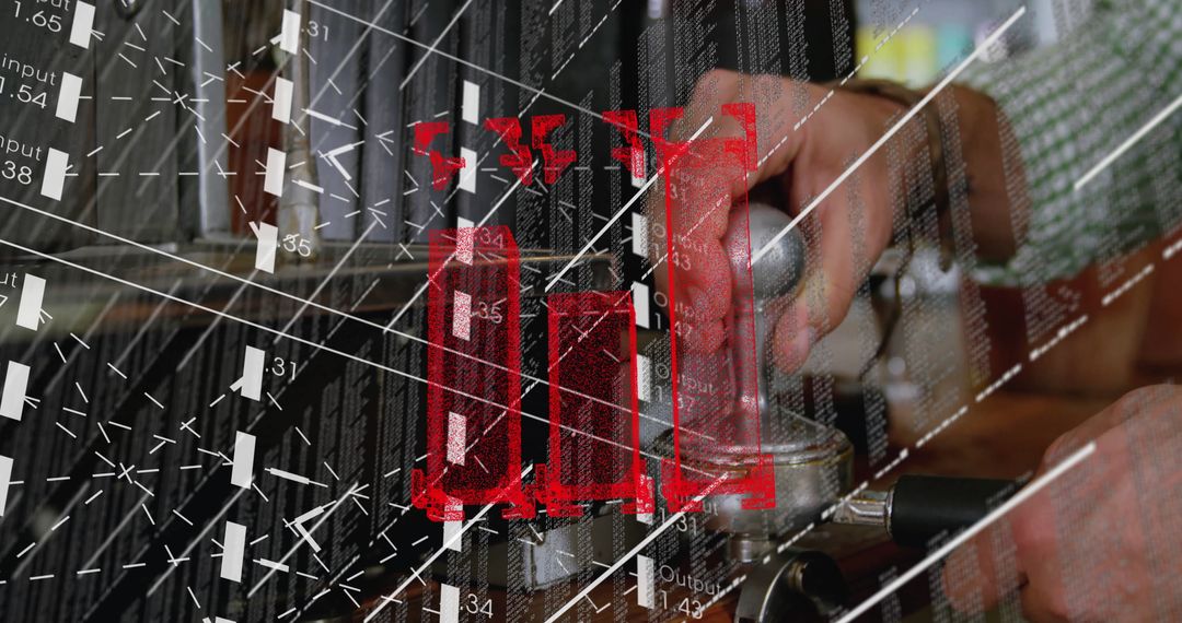 Barista Pressing Coffee Grounds with Data Overlay Technology Theme