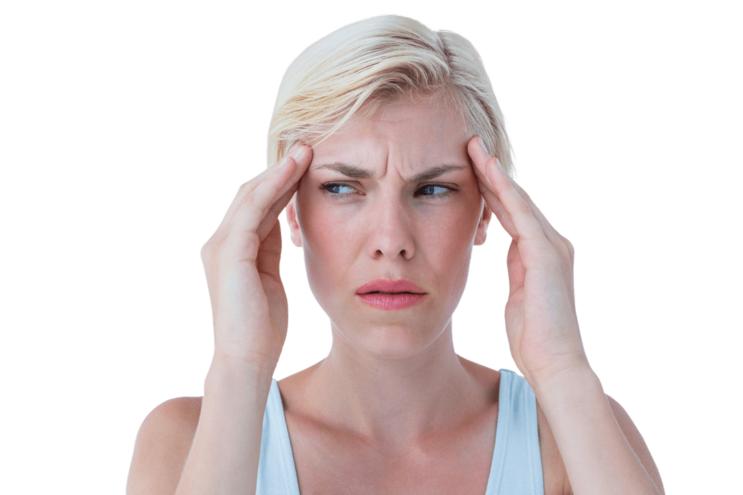 Woman With Headache Holding Temples on Transparent Background