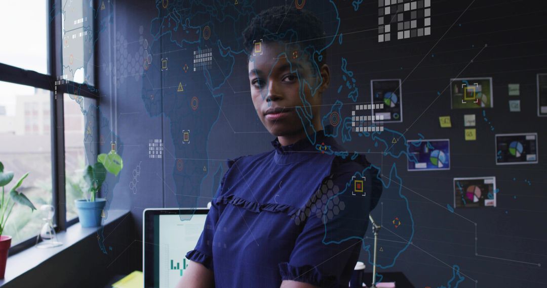 Confident Professional Woman in Tech-Driven Office Environment