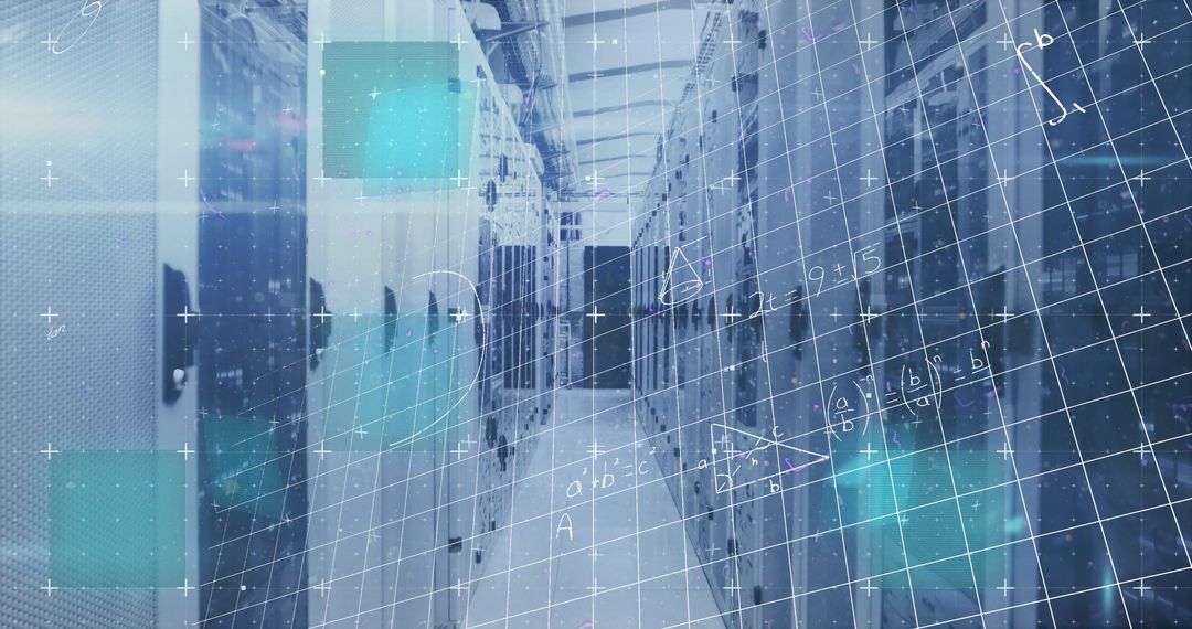 Futuristic Server Room with Digital Mathematical Overlay