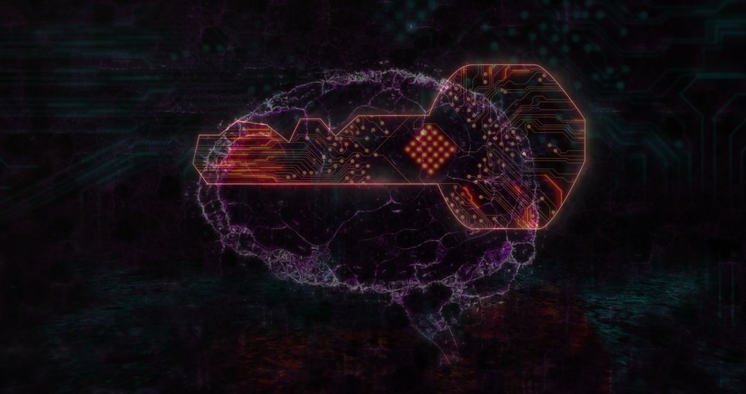 Futuristic Neon Brain with Key Circuit Design on Digital Grid