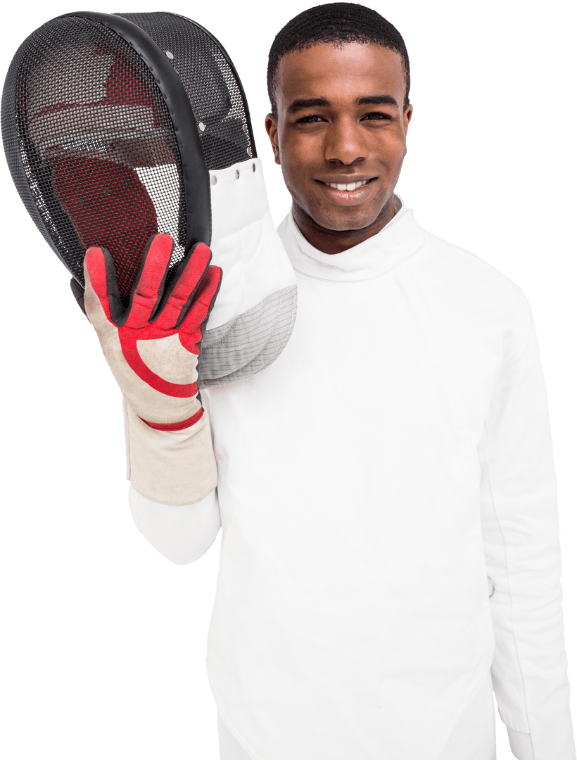 Transparent Background: Fencer Holding Helmet Smiling Confidently
