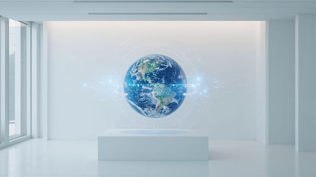 Holographic Earth Globe Projection in White Gallery Space